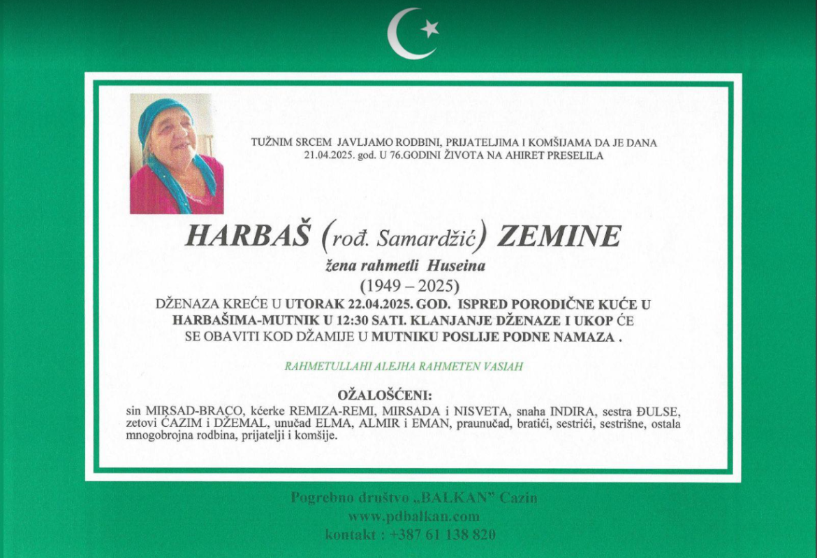 Na ahiret preselila Harba&scaron; (rođ. Samardžić) Zemine 