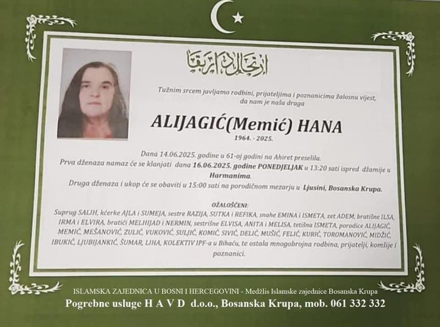 Na ahiret preselila ALIJAGIĆ (Memić) HANA Na ahiret preselila ALIJAGIĆ (Memić) HANA
