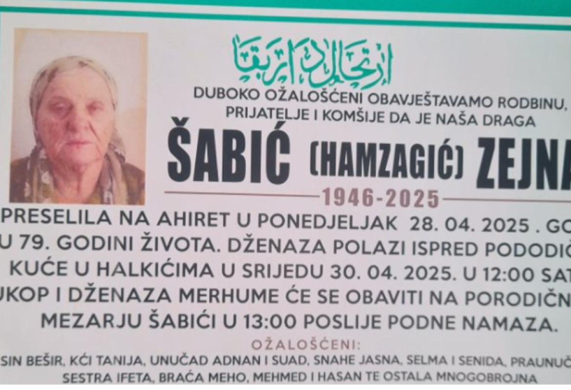 Na ahiret preselila Šabić (Hamzagić) Zejna Na ahiret preselila Šabić (Hamzagić) Zejna