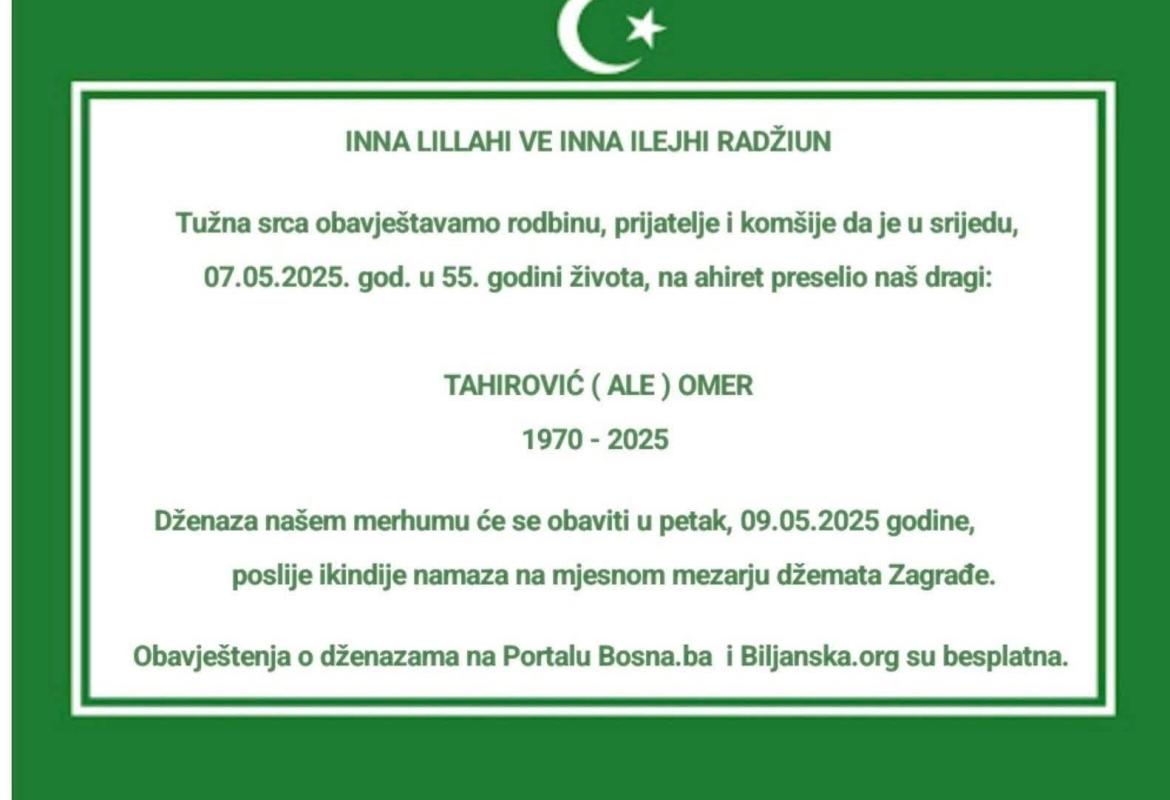 Na ahiret preselio TAHIROVIĆ (ALE) OMER Na ahiret preselio TAHIROVIĆ (ALE) OMER