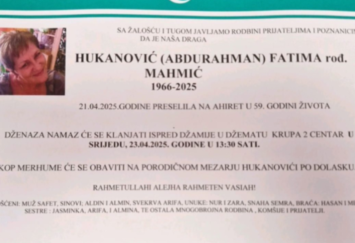 Na ahiret preselila Hukanović (rođ. Mahmić) Fatima Na ahiret preselila Hukanović (rođ. Mahmić) Fatima