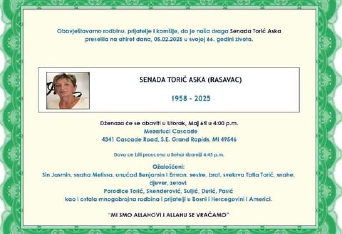 Na ahiret preselila Senada Torić Aska (Rasavac) Na ahiret preselila Senada Torić Aska (Rasavac)