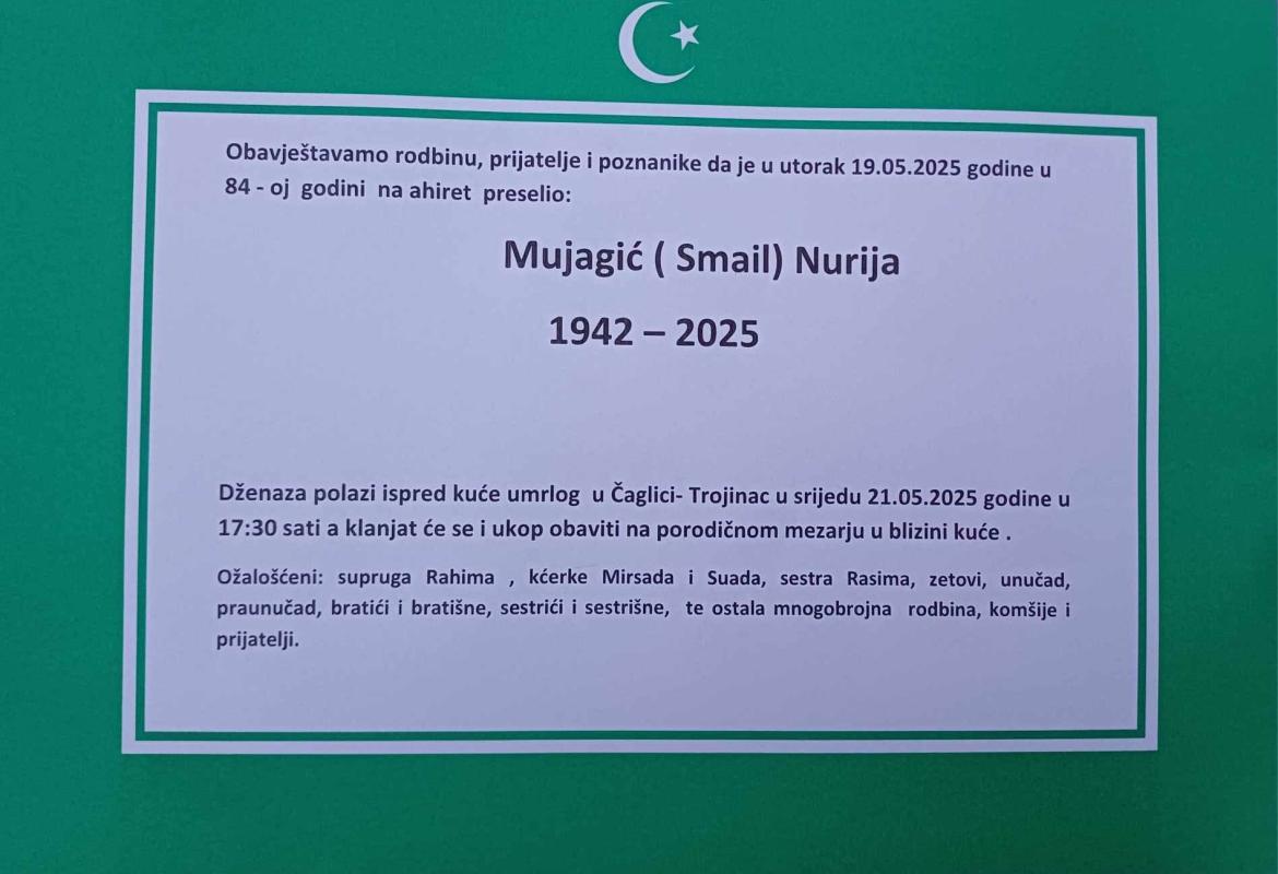 Na ahiret preselio MUJAGIĆ (Smail) NURIJA Na ahiret preselio MUJAGIĆ (Smail) NURIJA