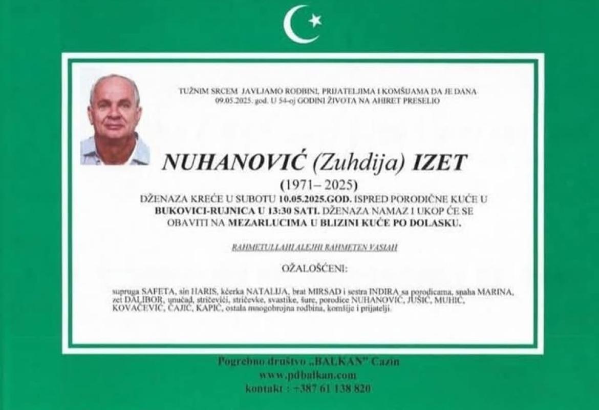 Na ahiret preselio Nuhanović (Zuhdija) Izet Na ahiret preselio Nuhanović (Zuhdija) Izet