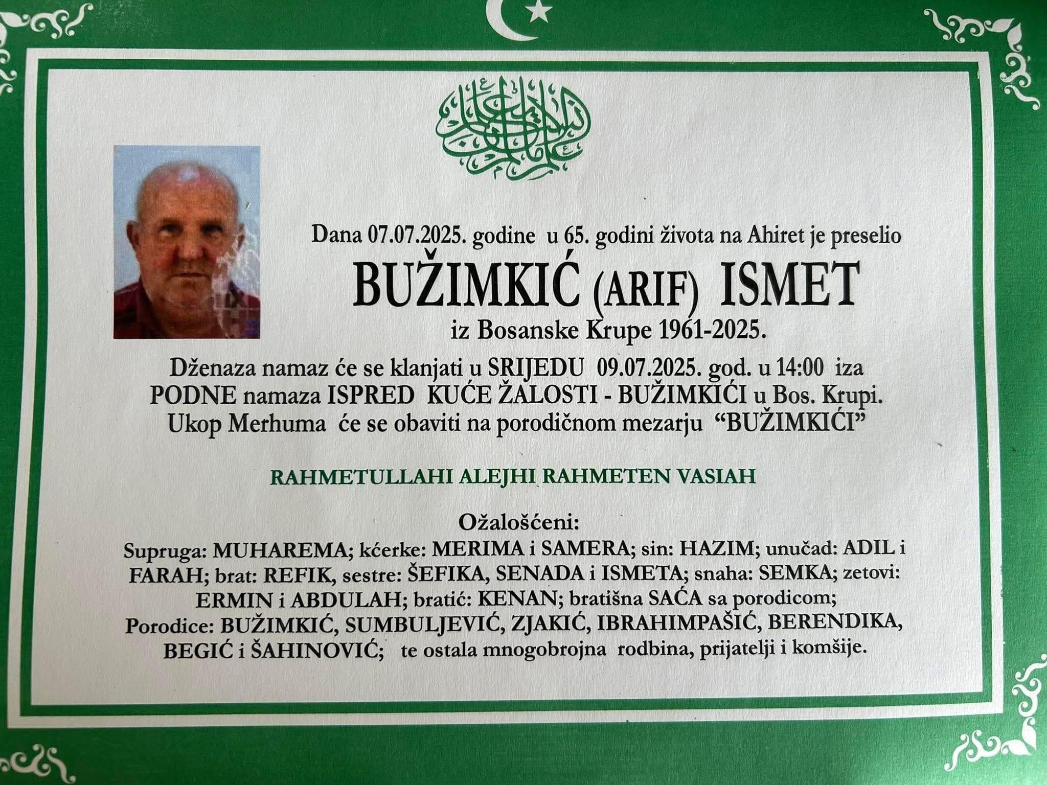 Na Ahiret preselio Bužimkić (Arif) Ismet | Cazin.NET Na Ahiret preselio Bužimkić (Arif) Ismet | Cazin.NET