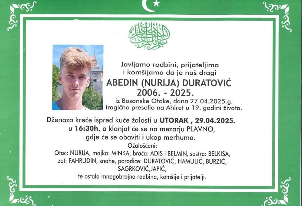 Na ahiret preselio ABEDIN (NURIJA) DURATOVIĆ Na ahiret preselio ABEDIN (NURIJA) DURATOVIĆ
