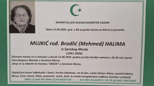 S tugom obavje&scaron;tavamo: Na Ahiret preselila Mujkić rođ. Brodlić (Mehmed) Halima