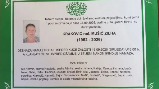 S tugom obavje&scaron;tavamo: Na Ahiret preselila KRAKOVIĆ rođ. MU&Scaron;IĆ ZILHA