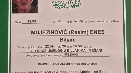 S tugom obavje&scaron;tavamo: Na Ahiret preselio Mujezinović (Rasim) Enes