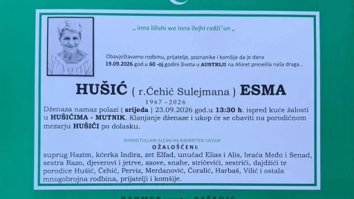 S tugom obavje&scaron;tavamo: Na Ahiret preselila Hu&scaron;ić (r. Ćehić Sulejmana) Esma