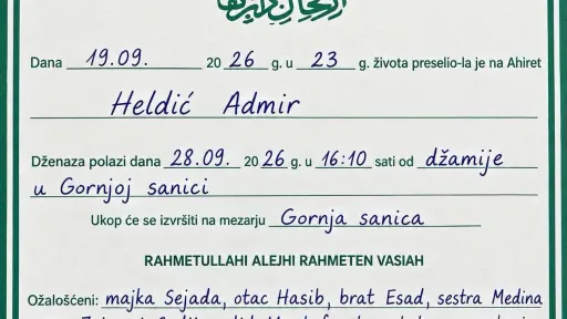 S tugom obavje&scaron;tavamo: Na Ahiret preselio Heldić Admir