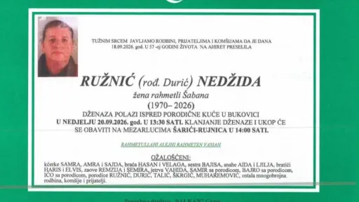 S tugom obavje&scaron;tavamo: Na Ahiret preselila Ružnić (rođ. Durić) Nedžida
