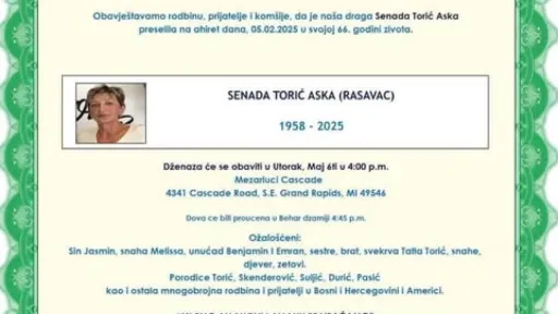 Na ahiret preselila Senada Torić Aska (Rasavac) Na ahiret preselila Senada Torić Aska (Rasavac)