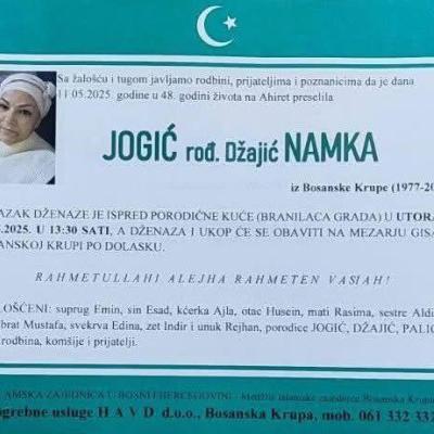 Na ahiret preselila JOGIĆ (rođ. Džajić) NAMKA Na ahiret preselila JOGIĆ (rođ. Džajić) NAMKA