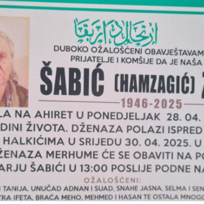 Na ahiret preselila Šabić (Hamzagić) Zejna