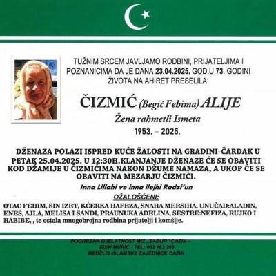 Na ahiret preselila ČIZMIĆ (Begić Febima) ALIJE Na ahiret preselila ČIZMIĆ (Begić Febima) ALIJE