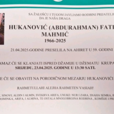 Na ahiret preselila Hukanović (rođ. Mahmić) Fatima