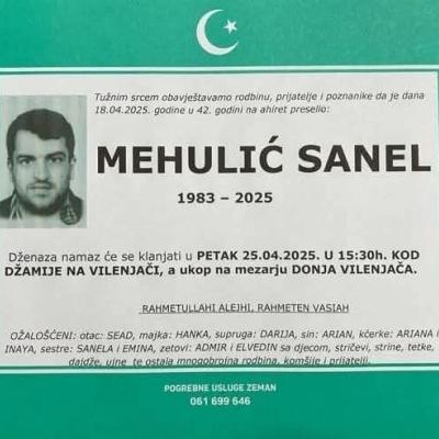 Na ahiret preselio MEHULIĆ SANEL Na ahiret preselio MEHULIĆ SANEL