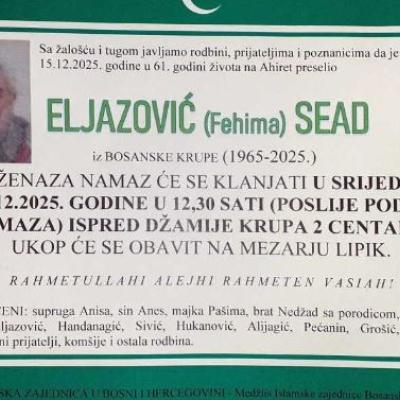 Na Ahiret preselio ELJAZOVIĆ (Fehima) SEAD | Cazin.NET