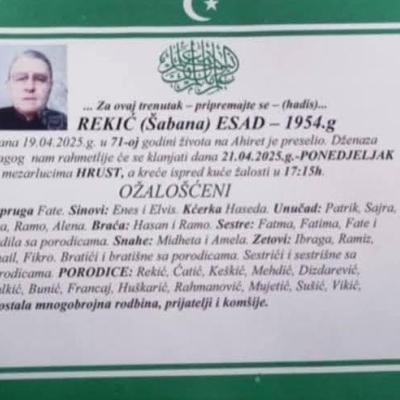 Na ahiret preselio REKIĆ (Šabana) ESAD