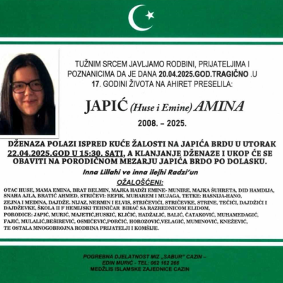 Sutra dženaza Amini koja je tragično stradala u saobraćajnoj nesreći