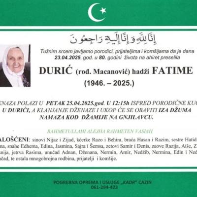 Na Ahiret preselila Durić (rođ. Macanović) hadži Fatime Na Ahiret preselila Durić (rođ. Macanović) hadži Fatime