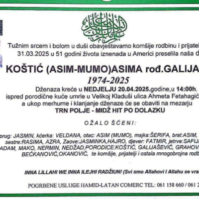 Na ahiret preselila Koštić (rođ. Galijašević) Asima