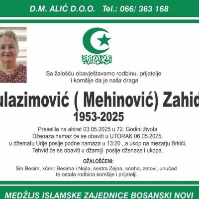 Na ahiret preselila MULAZIMOVIĆ (Mehinović) ZAHIDA