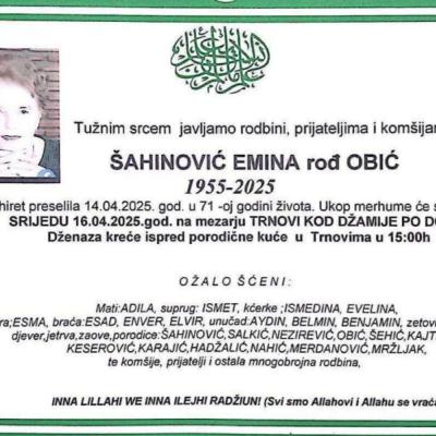 Na ahiret preselila Šahinović (rođ. Obić) Emina Na ahiret preselila Šahinović (rođ. Obić) Emina