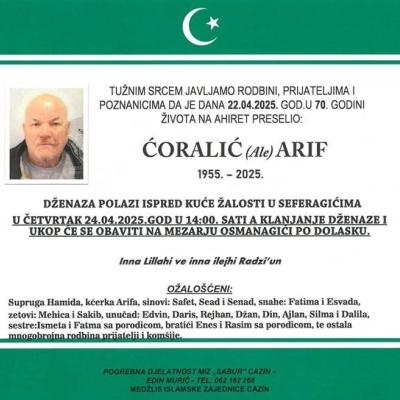 Na Ahiret preselio Ćoralić (Ale) Arif Na Ahiret preselio Ćoralić (Ale) Arif