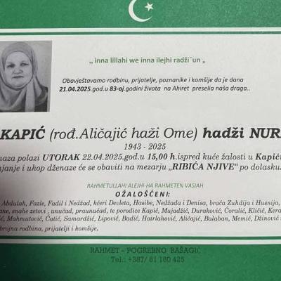 Na ahiret preselila KAPIĆ (rođ.Aličajić haži Osme) hadži Nure