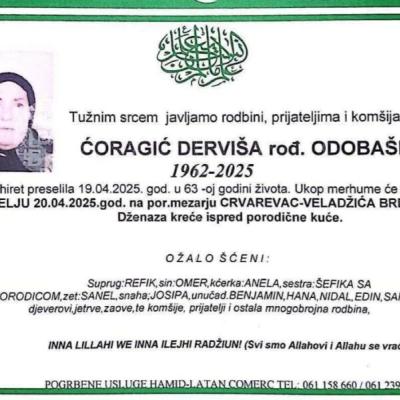Na ahiret preselila Ćoragić (rođ. Odobašić) Derviša