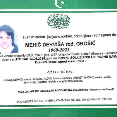 Na Ahiret preselila Mehić Derviša rođ. Grošić Na Ahiret preselila Mehić Derviša rođ. Grošić