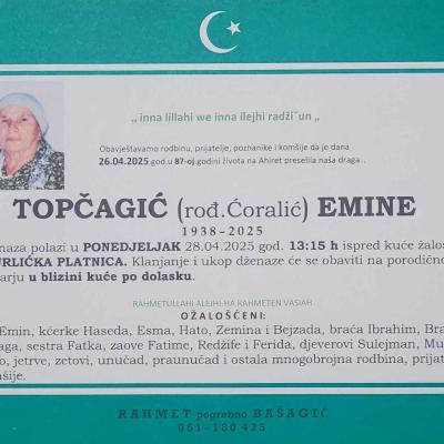 Na ahiret preselila TOPČAGIĆ (rođ. Ćoralić) EMINE