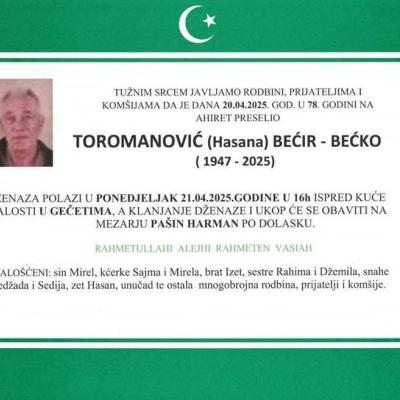 Na ahiret preselio TOROMANOVIĆ (Hasana) BEĆIR-BEĆKO