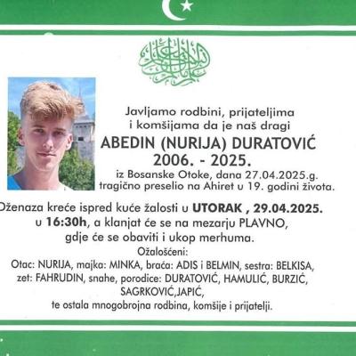 Na ahiret preselio ABEDIN (NURIJA) DURATOVIĆ