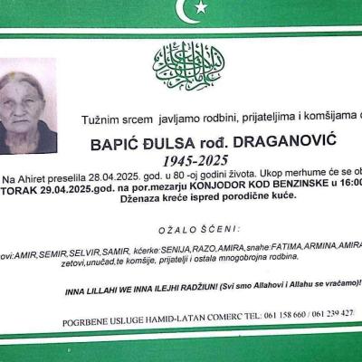 Na ahiret preselila BAPIĆ ĐULSA rođ. DRAGANOVIĆ
