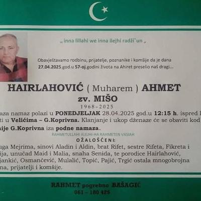 Na ahiret preselio Hairlahović (Muharem) Ahmet zv. MIŠO