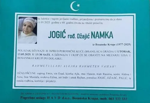 Na ahiret preselila JOGIĆ (rođ. Džajić) NAMKA