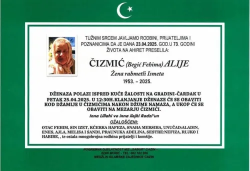 Na ahiret preselila ČIZMIĆ (Begić Febima) ALIJE
