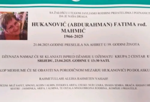 Na ahiret preselila Hukanović (rođ. Mahmić) Fatima