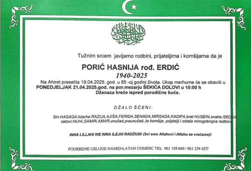 Na ahiret preselila Porić Hasnija rođ. Erdić