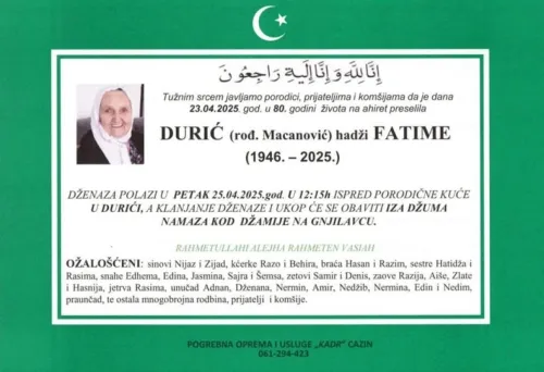 Na Ahiret preselila Durić (rođ. Macanović) hadži Fatime