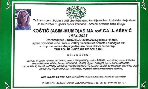 Na ahiret preselila Ko&scaron;tić (rođ. Galija&scaron;ević) Asima