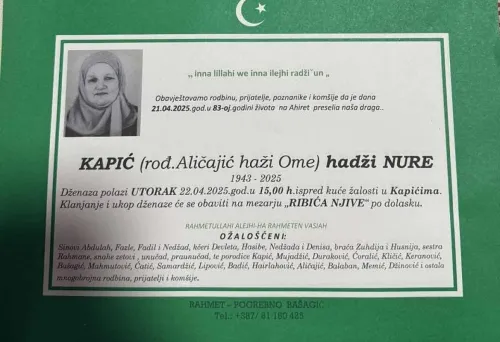 Na ahiret preselila KAPIĆ (rođ.Aličajić haži Osme) hadži Nure