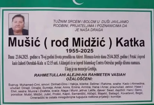 Na Ahiret preselila Mu&scaron;ić (rođ Midžić) Katka