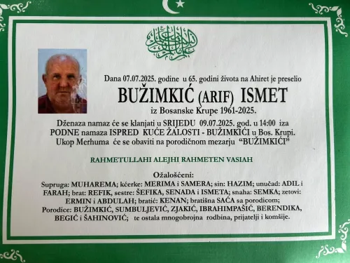 Na Ahiret preselio Bužimkić (Arif) Ismet | Cazin.NET