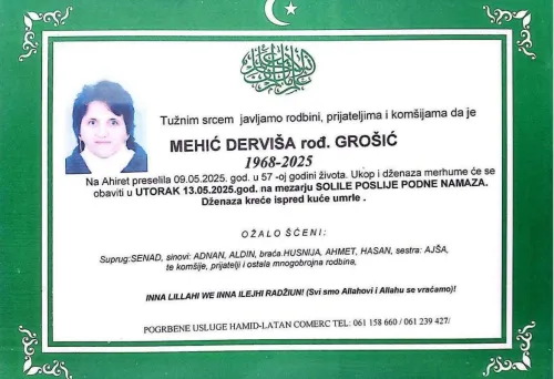 Na Ahiret preselila Mehić Dervi&scaron;a rođ. Gro&scaron;ić