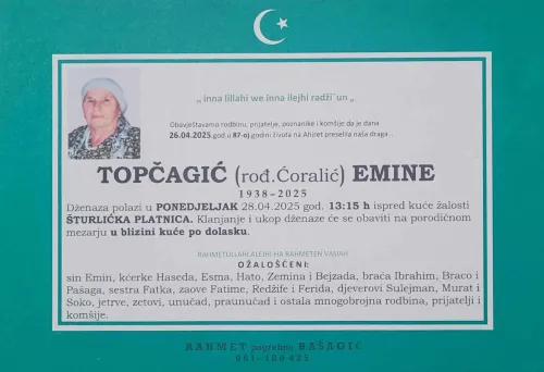 Na ahiret preselila TOPČAGIĆ (rođ. Ćoralić) EMINE