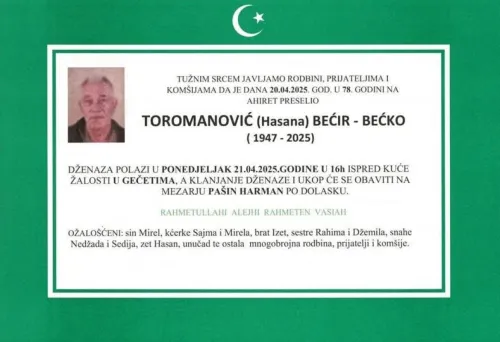 Na ahiret preselio TOROMANOVIĆ (Hasana) BEĆIR-BEĆKO